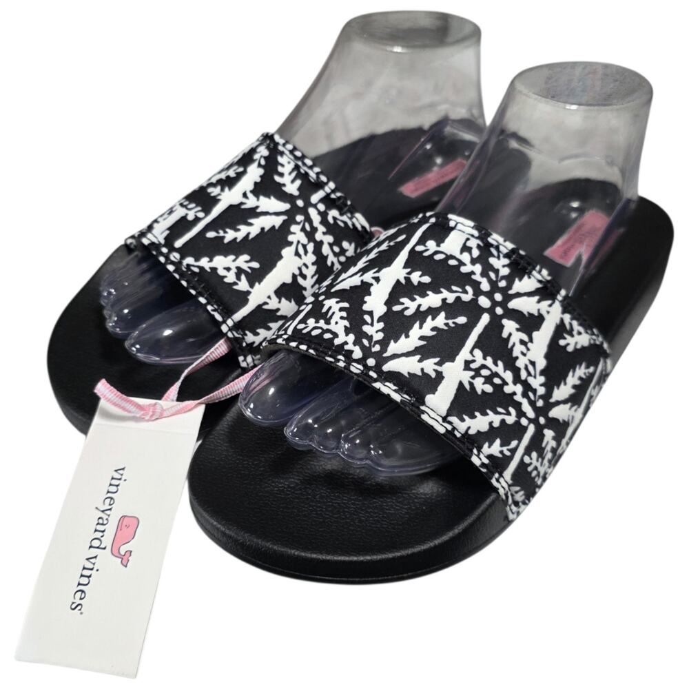 Vineyard Vines Women’s All Over Palm Pool Slide Sandals Jet Black Size 10 NWT